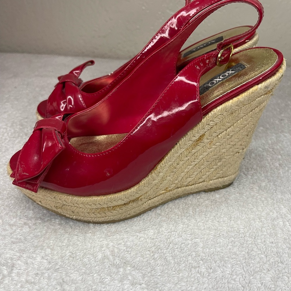 XOXO Red Patent Leather Wedges with Espadrille Heel